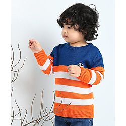 Babyhug Full Sleeves Stripe Sweater Football Patch - Orange Blue
