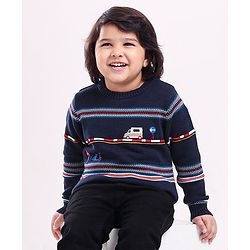 Babyhug Full Sleeves Jacquard Pull Over Sweater Intarsia Bus Pattern - Blue