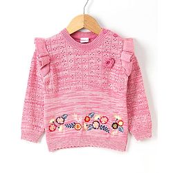 Babyhug Full Sleeves Sweater Floral Embroidery - Pink