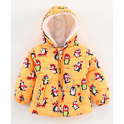 Babyhug Full Sleeves Hooded Jacket Penguin Print - Yellow