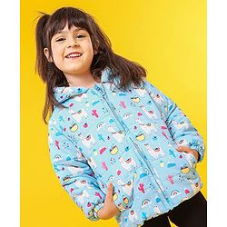 Babyhug Full Sleeves Hooded Padded Jacket Llama Print - Blue