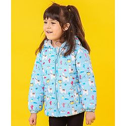 Babyhug Full Sleeves Hooded Padded Jacket Llama Print - Blue