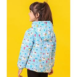 Babyhug Full Sleeves Hooded Padded Jacket Llama Print - Blue