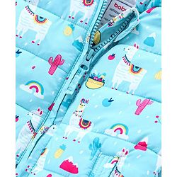 Babyhug Full Sleeves Hooded Padded Jacket Llama Print - Blue
