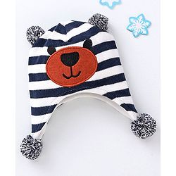 Babyhug Stripes Bear Face Cotton Cap Blue - Cap Diameter 10.5 cm