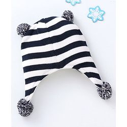 Babyhug Stripes Bear Face Cotton Cap Blue - Cap Diameter 10.5 cm