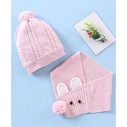 Babyhug Cotton Cap & Muffler Set Pink - Cap Diameter 10.5 cm