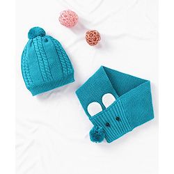 Babyhug Cotton Cable Knit Cap with Muffler - Blue