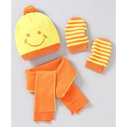 Babyhug Woollen Cap with Muffler and Mittens Yellow - Diameter 11 cm