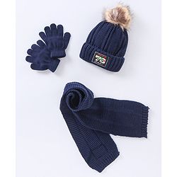 Babyhug Woollen Cap Gloves With Muffler Blue - Cap Diameter 10 cm