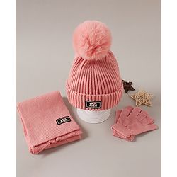 Babyhug Woollen Cap Gloves and Muffler Set Pink - Diameter 11 cm