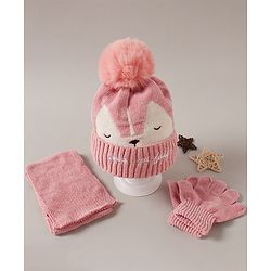 Babyhug Woollen Cap Glove Muffler Set - Pink