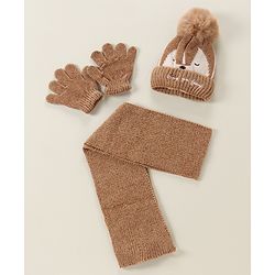 Babyhug Woollen Cap Glove Muffler Set - Brown