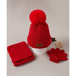 Babyhug Woollen Cap Muffler & Gloves Red - Diameter 13 cm