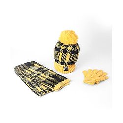 Babyhug Woollen Checks Cap & Muffler With Gloves Yellow - Diameter 11 cm