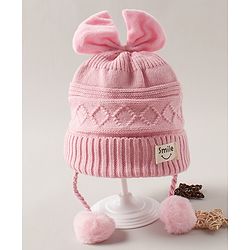 Babyhug Woolen Cap with Bow Motif and Pom Pom Pink - Diameter 10 cm