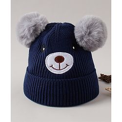 Babyhug Woolen Cap Bear Embroidery Blue - Diameter 14 cm