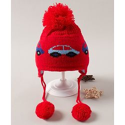 Babyhug Cap with Pom Pom Car Print Red - Diameter 12 cm