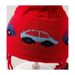 Babyhug Cap with Pom Pom Car Print Red - Diameter 12 cm