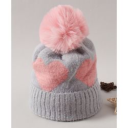 Babyhug Pom Pom Winter Cap Heart Print Grey - Diameter 11 cm