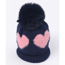 Babyhug Pom Pom Winter Cap Heart Print Blue - Diameter 11 cm