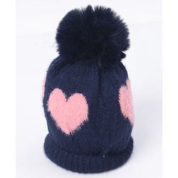 Babyhug Pom Pom Winter Cap Heart Print Blue - Diameter 11 cm