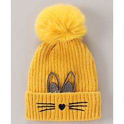 Babyhug Cap with Pom Pom Kitten Design Yellow - Cap Diameter 12 cm (Product Inner Lining Color May Vary)