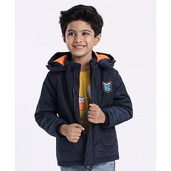 Babyhug Full Sleeves Quilted Hooded Jacket Text Badge - Navy Blue