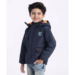 Babyhug Full Sleeves Quilted Hooded Jacket Text Badge - Navy Blue