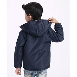 Babyhug Full Sleeves Quilted Hooded Jacket Text Badge - Navy Blue