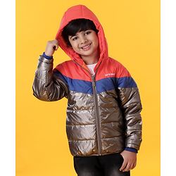 Babyhug Full Sleeves Hooded Padded Jacket  Let's Race Embroidery - Red Silver
