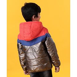 Babyhug Full Sleeves Hooded Padded Jacket  Let's Race Embroidery - Red Silver