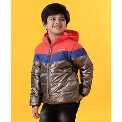 Babyhug Full Sleeves Hooded Padded Jacket  Let's Race Embroidery - Red Silver