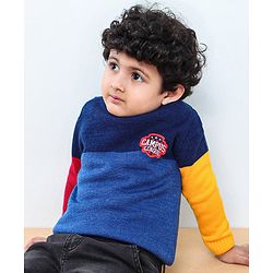 Babyhug Full Sleeves Pull Over Sweater Colour Block Print - Blue