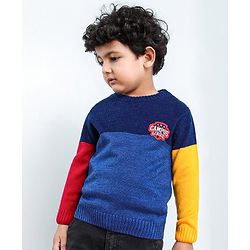 Babyhug Full Sleeves Pull Over Sweater Colour Block Print - Blue