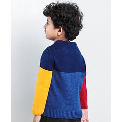 Babyhug Full Sleeves Pull Over Sweater Colour Block Print - Blue