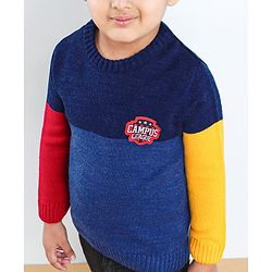 Babyhug Full Sleeves Pull Over Sweater Colour Block Print - Blue