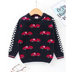 Babyhug Full Sleeves Pullover Sweater Car Print - Navy Blue
