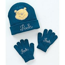 Babyhug Woollen Cap and Gloves Set With Pooh Print - Navy Blue