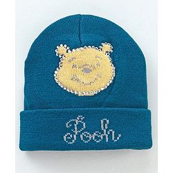 Babyhug Woollen Cap and Gloves Set With Pooh Print - Navy Blue
