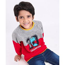 Babyhug Full Sleeves Pullover Colorblock Sweater Dino Print - Red Grey