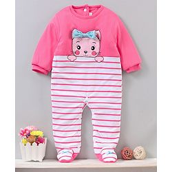 Babyhug Full Sleeves Romper With Bow Applique - Pink