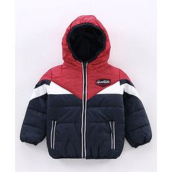 Babyhug Full Sleeves Hooded Padded Jacket Adventure Patch - Red Navy Blue