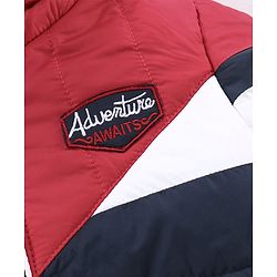 Babyhug Full Sleeves Hooded Padded Jacket Adventure Patch - Red Navy Blue
