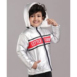 Babyhug Full Sleeves Hooded Metallic Jacket Little Legend Embroidery - Silver