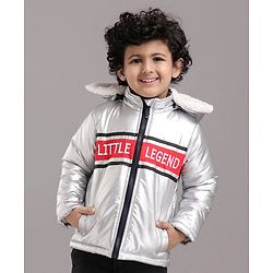 Babyhug Full Sleeves Hooded Metallic Jacket Little Legend Embroidery - Silver