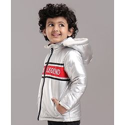 Babyhug Full Sleeves Hooded Metallic Jacket Little Legend Embroidery - Silver