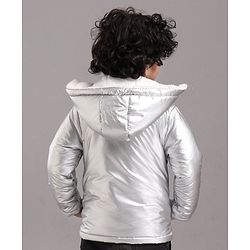 Babyhug Full Sleeves Hooded Metallic Jacket Little Legend Embroidery - Silver
