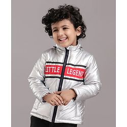 Babyhug Full Sleeves Hooded Metallic Jacket Little Legend Embroidery - Silver