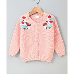 Babyhug Full Sleeves Sweater Floral Embroidery - Peach